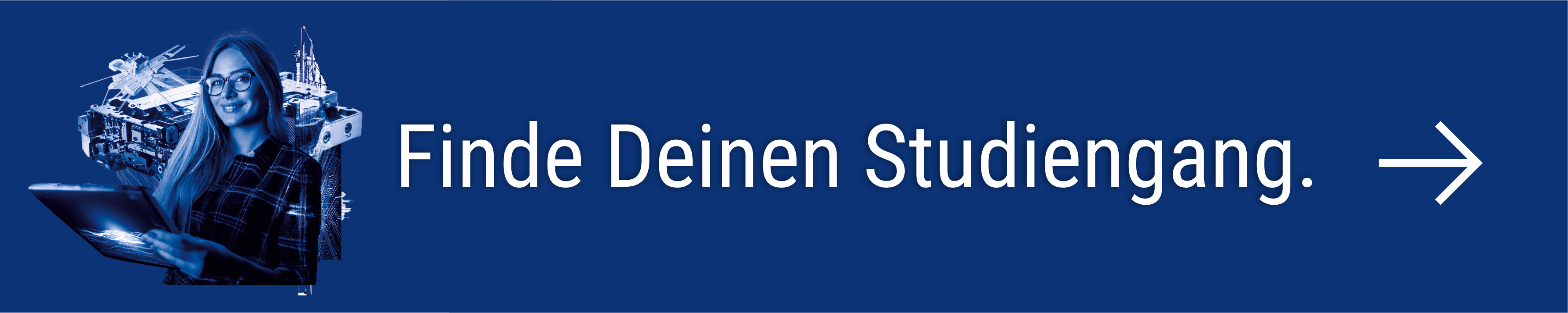 Logo Technik für Menschen und weißer Schriftzug 'Finde Dein Studiengang.' vor blauem Hintergrundbild mit Frau mit Laptop